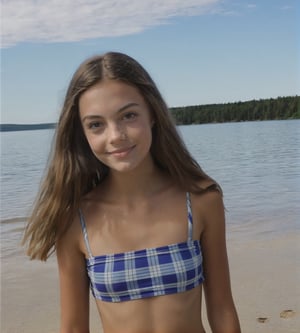 cute girl, ((amateur photo)) photo of an alone-solo (beautiful) girl, selfie for social media, plaid pattern bikini, (petite skinny-feminine) (real-looking-skin), 16yo, smile, brown hair, natural skin, ((video grainyfilm)), 35mm lens,Extremely Realistic,photo in phst artstyle,alanaxl