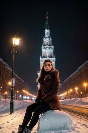 "((top-notch quality)), ((masterwork)), ((true-to-life)), Render a striking portrait of a Russian girl seated gracefully on a snow-covered Moscow street, illuminated by the soft glow of nearby street lamps, capturing the essence of her culture and beauty at eye level, picturesque, masterwork."