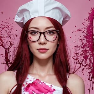
A nurse with long red hair, wearing thin-framed glasses, having a good physique with a large bust, red pupils, donning a pink nurse's cap, and wearing a pink uniform. Alcohol ink, splatter art, oil painting, smoke, Miki Asai Macro photography, close-up, Fantastic Realism and Sharp Focus,