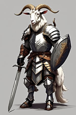 Goat knight in the heavy armor with sword and shield, furry animation style, Anthro art, hand drawn realistic masterpiece