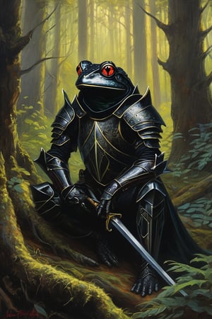 Dark fantasy, hyper detailed, oil painting of the slim, athletic, frog-knight in heavy black armor. Frog knight have sharp, extended, triangular upper eyelids, intense red eyes with a piercing gaze, dark and textured skin with a rugged appearance. The frog-knight has a dramatic, almost mythical expression, and appears in a dimly lit, moody forest setting. (detailed, hands and feet with correct anatomy:1.4). Shadows and lighting emphasize the knight-frog's horns and textured skin, giving it a mysterious and otherworldly presence. The background is a mythical forest with giant mushrooms and evil castle. Mid shot, full height, whole body.