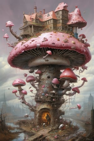 Swine pollution spiral mushroom with shooting, bestial procrastinator delicious vomit in segmented, imminent, full-metal armor from hypertrophied sanatorium; intricately detailed, maximalist, fantastical, pastels acrylic art, fantastical. By Antoine Blanchard, Maurits Cornelis Escher and Huang Guangjian.