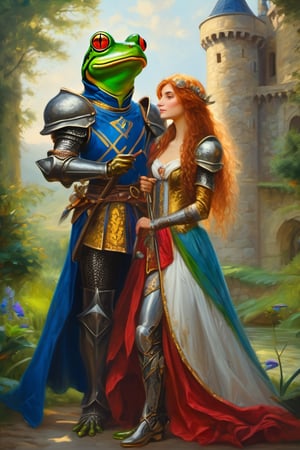 (two persons: anthropomorphic frog knight and human sorceress:1.4). (hyper realistic painterly oil painting, skillfully refined textures, depth, with attention to the small details, hyperdetalied, handdrawn, intricate, masterful drawing:1.4), (realistic proportions:1.4), (stunning composition, detalied, masterful work with shadows and depth:1.4). (full height, whole body:1.4) (gorgeous castle background:1.4), (colorful with thin black outline:1.4). (handsome, cute, slim, anthropomorphic, tall, graceful, charismatic, charming, athletic, frog, earth toad knight and human sorceress:1.4) (lovely hugging beautiful human sorceress:1.4). (well figured, detailed human-like hands, accurate palm, flawless hands, neat fingers:1.4). (anatomically correct:1.4) (with face eyebrow mimics and emotions:1.4), (golden eye iris:1.4), (dynamic gestures:1.4), (dynamic facial expression of scream of love:1.4). (human-like proportions:1.4). (wearing elite knight heavy armor and long pants:1.4) romantism holding ideal hands figure