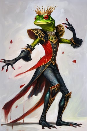 (cosmic horror, amphibian monster demonic satanic vampire sabertooth spiked bloodthirsty frog-lady in medieval vampire outfit dancing:1.4). (impressive hyper realistic painterly oil painting, skillfully refined textures, depth, with attention to the small details, hyperdetalied, handdrawn, intricate, masterful drawing:1.4), (realistic proportions:1.4), (stunning composition, detalied, masterful work with shadows and depth:1.4). (full height, whole body:1.4) (demonic castle interior background:1.4), (detailed golden eye iris:1.4), (colorful with thin black outline:1.4). (handsome, cute, slim, anthropomorphic, tall, graceful, charismatic, charming, athletic, frog vampire dancer:1.4). (well figured, detailed human-like hands, accurate palm, flawless hands, neat fingers:1.4). (wide head, anatomically correct:1.4) (with face eyebrow mimics and emotions:1.4), (dynamic gestures:1.4), (dynamic facial expression of love:1.4). (human-like proportions:1.4). (wearing medieval elite outfits:1.4)