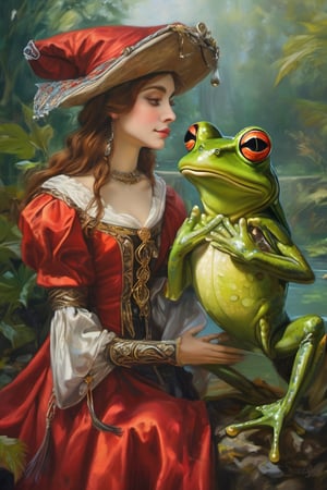 Cute frog (two persons: anthropomorphic frog cavalier and frog-lady sorceress:1.4). (hyper realistic painterly oil painting, skillfully refined textures, depth, with attention to the small details, hyperdetalied, handdrawn, intricate, masterful drawing:1.4), (realistic proportions:1.4), (stunning composition, detalied, masterful work with shadows and depth:1.4). (full height, whole body:1.4) (gorgeous castle interior background:1.4), (colorful with thin black outline:1.4). (handsome, cute, slim, anthropomorphic, tall, graceful, charismatic, charming, athletic, frog, earth toad knight and frog sorceress:1.4) (lovely hugging beautiful frov sorceress:1.4). (well figured, detailed human-like hands, accurate palm, flawless hands, neat fingers:1.4). (anatomically correct:1.4) (with face eyebrow mimics and emotions:1.4), (golden eye iris:1.4), (dynamic gestures:1.4), (dynamic facial expression of love:1.4). (human-like proportions:1.4). (wearing medieval noble outfits:1.4)