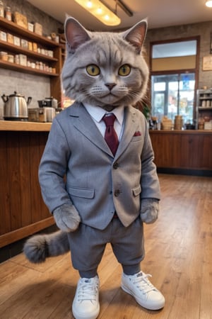 (Photo HDR 8K) In a cafe, 1 gray cat wearing a casual suit, preferably furry fur, the character's body, the cat's head, the cat's 2 hands, the cat's 1 tail, the cat's 2 The feet are wearing sneakers, very much like a human standing on two feet, dark and warm color