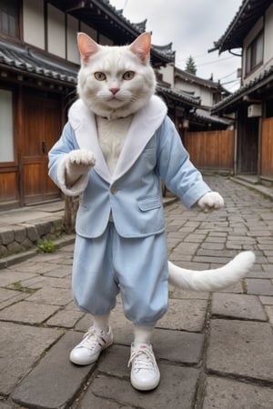 (Photo HDR 8K) On the street of the ancient town, a young white cat wearing a casual suit, preferably a furry fur coat, the character's body, the cat's head, the cat's 2 hands, the cat's 1 tail, the cat's Two feet are wearing sneakers, very much like a human standing on two feet, Japanese color