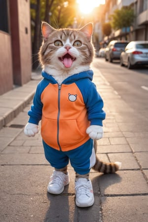 (Photo HDR 8K) 1 young plush cat in a sports suit on the street, the cat sticks out its tongue, its head looks towards the sun, the body of the figure, the cat's head, the cat has 2 hands, the cat has 1 tail, the cat has 2 One foot is wearing sneakers, very much like a human standing on two feet, warm color