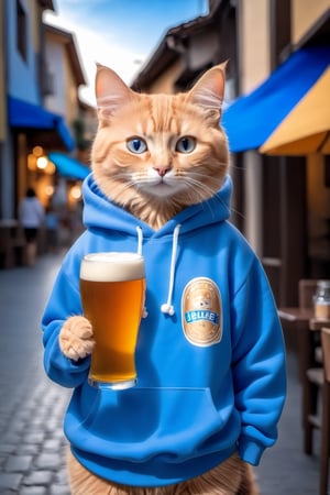(Photo HDR 8K) Cat wearing blue sweatshirt and carrying beer, casual, brown or light brown, transparent/translucent medium, urban life scene, kawaii style,