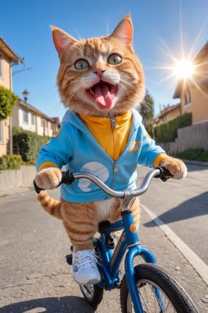 (Photo HDR 8K) On the street, a young plush cat wearing a sports suit rides a bicycle. The cat sticks out its tongue and looks towards the sun. The body of the character, the cat's head, the cat has 2 hands, the cat has 1 tail, The cat has two feet wearing sneakers, very much like a human riding a bicycle, warm color
