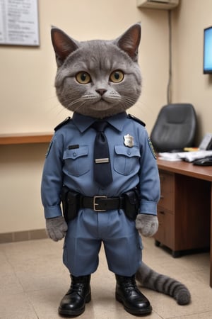 (Photo HDR 8K) In the police station, there is a gray cat wearing a police uniform. The character's body, the cat's head, the cat's two hands, the cat's tail, and the cat's two feet are wearing leather shoes, very human-like. Standing on 2 feet, dark and warm color