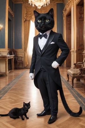 (Photo HDR 8K) In the palace, 1 young black cat in an evening suit, the cat sticks out its tongue, a casual suit is preferably a furry coat, the figure's body, the cat's head, the cat has 2 hands, A cat's tail, the cat has two feet wearing leather shoes, very much like a human standing on two feet