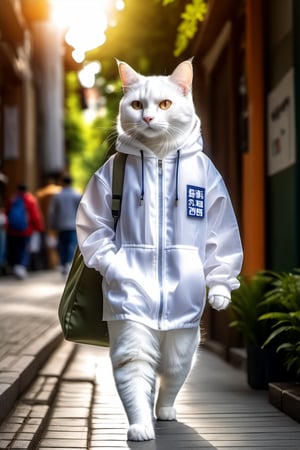 (Photo HDR 8K) Cat wearing work clothes and carrying bag, hip-hop style, pure white, transparent/translucent medium, forest style, stripes, street life scene, hip-hop style,