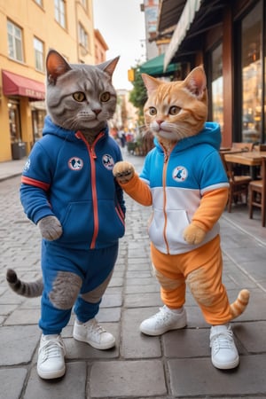 (Photo HDR 8K) In a cafe, two young plush cats wearing sports suits are walking in the downtown area. The cats laugh and look at each other. The figure's body, the cat's head, the cat has 2 hands, the cat has 1 tail, the cat There are two feet wearing sneakers, very human-like movements, warm color