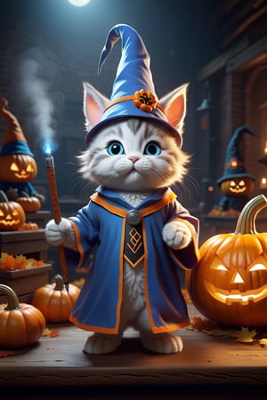((1 kitten, wearing Halloween costume and wizard hat, holding Halloween pumpkin, cute, happy)), Highly detailed animal mascot 3D model, kitten, blue eyes, standing straight, holding vape pen , of the highest quality. Lighting should be vibrant and dynamic, and HDR effects can enhance color and clarity. The smoke coming out of the vape pen should create a trail of smoke, adding an atmospheric feel to the scene. The entire image should be of the same quality as a portrait, capturing the intricate details of the rabbit's fur and facial features.