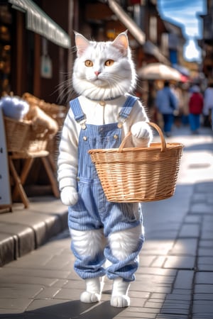(photo HDR 8K)This fashionable cat is dressed in cool overalls, holding a basket, standing in the midst of a bustling street. Her fur is a blend of light white and light brown, transparent and translucent. Her style combines elements of Mori Kei and street life, wearing striped clothing, always ready to showcase her hip-hop style in the street scene.