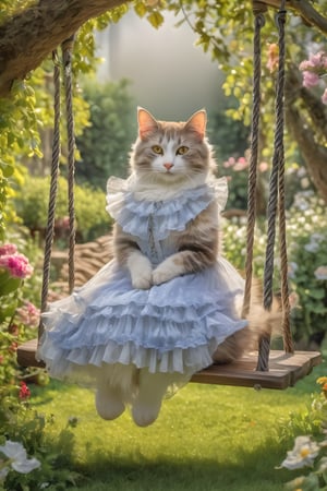 (photo HDR 8K) ,A cat in a dress, sitting on a garden swing, with a gentle breeze ruffling her fur. The garden is filled with flowers and trees, creating a tranquil backdrop as she quietly admires the beauty around her.