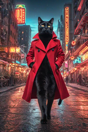 (photo HDR 8K) ,This playful black cat dons a bright red coat and strolls the city streets. Her eyes sparkle with curiosity, and the cat complements the urban landscape perfectly. The streets are filled with color and vitality, and she becomes the city's fashion icon. Vibrant neon lights and bustling cityscape add even more charm to her style.