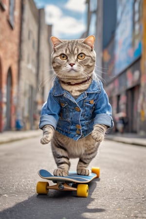 (photo HDR 8K) ,This playful Scottish Fold cat wears an adorable cartoon-patterned denim outfit and rides a skateboard through the city streets. Her tail is held high, and her eyes are full of vitality. Street art and the urban landscape harmonize with her liveliness. Sunlight bathes her fur, creating a vibrant scene.