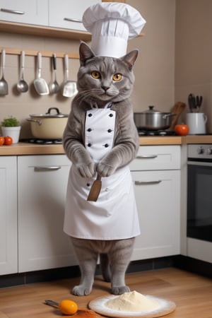 (photo HDR 8K)In the kitchen, a gray cat wearing a chef's uniform stands with his feet next to baking ingredients; similar to a human standing upright, holding cooking tools in his hands, cooking style; warm colors