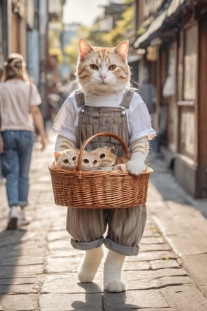(photo HDR 8K) cat dressed in overralls with a basket,in the style of street style,light white and lightbrown,transparent/translucent medium,mori kei,striped,street life scenes,hip-hopstyle