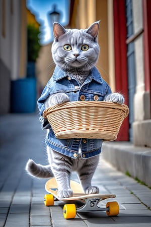 (Photo HDR 8K) British short blue cat wearing jeans and carrying a basket, walking upright on 2 feet like a boy, skateboard shoes, transparent/translucent medium, city life scene, sports style