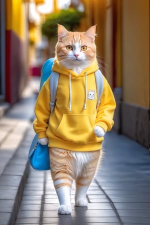 (Photo HDR 8K) Cat wearing a yellow sweatshirt and carrying a small bag, walking upright on 2 feet like a girl, casual sneakers, transparent/translucent medium, urban life scene, kawaii style,