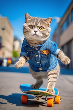 (photo HDR 8K) ,This playful Scottish Fold cat wears an adorable cartoon-patterned denim outfit and rides a skateboard through the city streets. Her tail is held high, and her eyes are full of vitality. Street art and the urban landscape harmonize with her liveliness. Sunlight bathes her fur, creating a vibrant scene.