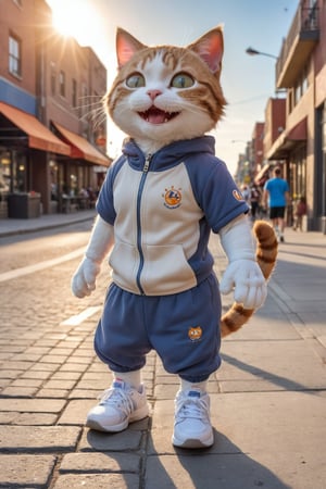(Photo HDR 8K) On the street, a young plush cat wearing a sports suit walks in the downtown area. The cat laughs and looks towards the sun. The body of the character, the cat's head, the cat has 2 hands, and the cat has 1 tail. The cat has two feet wearing sneakers, very similar to human movements, warm color
