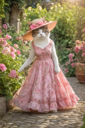 (photo HDR 8K) , A cat adorned in a pink dress, strolling gracefully in a serene garden, with flowers and leaves blooming around her, bathed in the warm summer sunlight. She wears a summer hat, and a gentle breeze rustles her fur, creating a tranquil and dreamy scene.