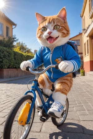 (Photo HDR 8K) On the street, a young plush cat wearing a sports suit rides a bicycle. The cat sticks out its tongue and looks towards the sun. The body of the character, the cat's head, the cat has 2 hands, the cat has 1 tail, The cat has two feet wearing sneakers, very much like a human riding a bicycle, warm color