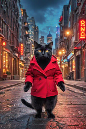 (photo HDR 8K) ,This playful black cat dons a bright red coat and strolls the city streets. Her eyes sparkle with curiosity, and the cat complements the urban landscape perfectly. The streets are filled with color and vitality, and she becomes the city's fashion icon. Vibrant neon lights and bustling cityscape add even more charm to her style.
