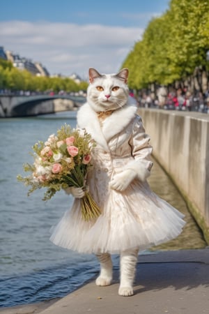 (photo HDR 8K) This fashionable cat is dressed in street-style clothing, walking upright like a human, holding a bouquet of flowers, standing by the Seine River in Paris. Her fur is pure white, transparent and translucent, wearing stylish clothing with elements of Mori Kei. The corners of her mouth turn up slightly, ready to dance on the street.