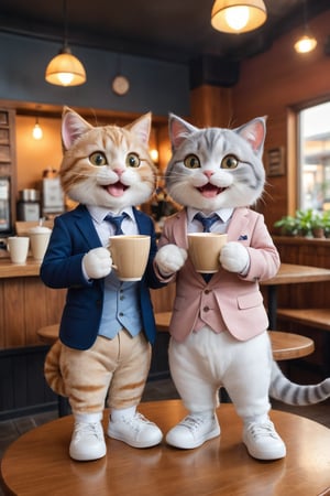 (Photo HDR 8K) In the cafe, two young plush cats in casual suits are holding coffee in their hands, laughing and looking at each other. The body of the character, the head of the cat, the cat has 2 hands, the cat has 1 tail, the cat has Two feet are wearing sneakers, very human-like movements, warm color