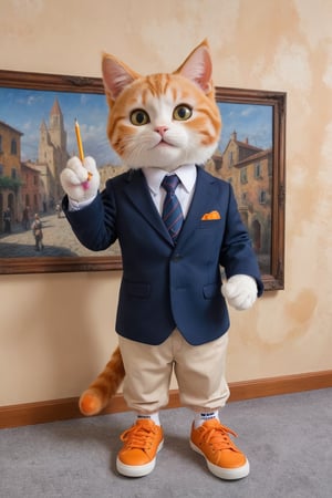(Photo HDR 8K) In the gallery, a young stuffed cat in a suit is holding a pencil and looking at a painting on the wall on the left, the body of the character, the cat's head, the cat has 2 hands, the cat has 1 tail, the cat has Two feet are wearing sneakers, very human-like movements, warm color