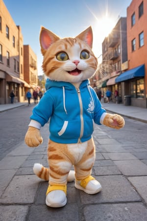 (Photo HDR 8K) On the street, a young plush cat wearing a sports suit walks in the downtown area. The cat laughs and looks towards the sun. The body of the character, the cat's head, the cat has 2 hands, and the cat has 1 tail. The cat has two feet wearing sneakers, very similar to human movements, warm color
