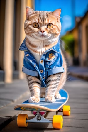 (photo HDR 8K)(photo HDR 8K) , This playful Scottish Fold cat wears an adorable cartoon-patterned denim outfit and rides a skateboard through the city streets. Her tail is held high,  and her eyes are full of vitality. Street art and the urban landscape harmonize with her liveliness. Sunlight bathes her fur