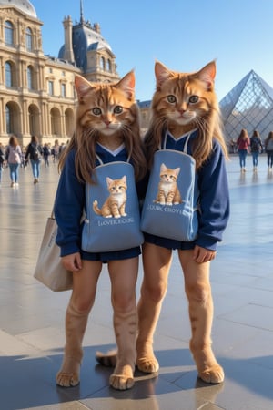 (photo HDR 8K)In front of the Louvre Museum, there are two brown long-haired kittens, standing on two legs, like two primary school students carrying canvas bags, wearing furry sweatshirts, hugging each other tightly, bathing in the sun