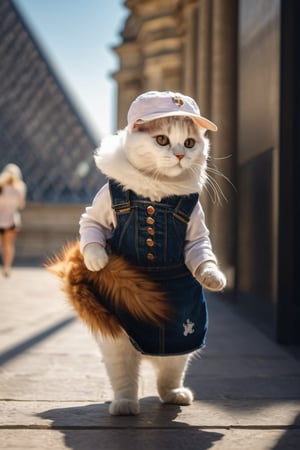 (photo HDR 8K)This all-white cat is dressed in kawaii jeans and a T-shirt, walking upright like a human, standing in front of the grand entrance of the Louvre Museum in France. Her fur is pure white, and her eyes are joyful and gentle. Her fashion style complements the grandeur of the Louvre, as if she were a royal.
