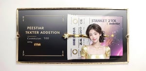 , Background: The entire ticket is wrapped in golden glitter, creating a feeling of luxury and exclusivity. Text: Information such as movie titles and showtimes are expressed in elegant fonts with gold foil stamping. The text is clearly placed and legible. Illustration: In the center of the ticket, there will be a beautiful golden illustration of the movie's poster illustration and key scenes. This expresses the mood and theme of the film and creates interest for the audience. Bonus: The back of your ticket will have a gold background with the serial number and ticket expiration date. Additionally, perks may include upgrades to VIP seats and discounts on movie-related goods., ((ticket)), (((upper_body only))),(((in squared frame))),digital illustration, comic style, perfect anatomy, centered, approaching perfection, dynamic, highly detailed, (((concert tickets))), artstation, concept art, smooth, sharp focus, illustration, (((girl inside star ring ticket:1.4))),1girl, solo, smile, side_tail, large breasts, looking at viewer, blue eyes, black hair, hair ornament, (pink blouse), ((("See You Soon"and "Admission" text))),,short sleeves, dress, ribbon, heart, clover, ((glowing)), cleavage, (((face only))), (close_up))),, shadow, (((ticket with purple bevel))), ((ticket style gold outlined figure)),Cutetoo, black_background, (((waist_up)))