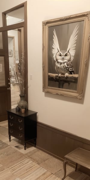 sepia color, myths of another world,Nostalogic atmosphere, pagan style graffiti art, Inside the secondhand store, framed paintings, furniture, pots, and a proud owl. watercolor \(medium\),