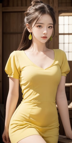 (Masterpiece:1.1), (Photorealistic:1.1), (8K resolution:1.1), (Ultra High Quality, Incredibly Detailed, Perfect anatomy, RAW), 1girl, hair bun, medieval mood, green earrings, yellow dress, 