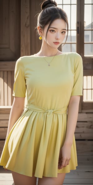 (Masterpiece:1.1), (Photorealistic:1.1), (8K resolution:1.1), (Ultra High Quality, Incredibly Detailed, Perfect anatomy, RAW), 1girl, hair bun, medieval mood, green earrings, yellow dress, 