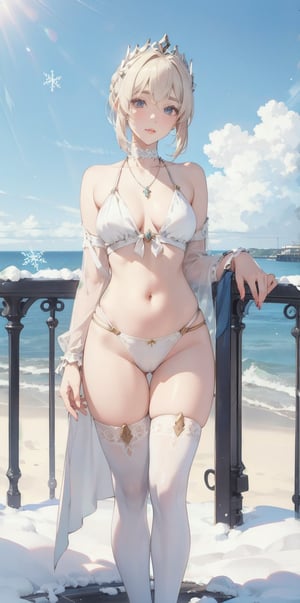 (Masterpiece, Top Quality, Best Quality, Official Art, Beauty & Aesthetics: 1.2), hdr, high contrast, wide angle lens, 1girl, solo, short hair, silver hair, bangs, looking at viewer, relaxed expression, obvious blue eyes, long light eyebrows, soft makeup, gradient lips, big breasts, hourglass figure, long fingers, belly button, realistic illustrations, (Soothing tone: 1.3), (Super detailed: 1.2), outdoors, (front:1.3), cloud, sky, seaside background,(standing:1.3), FateGrand Order, cosplay, jewelry, artoria pendragon, \(fate\), necklace, choker, snowflakes, short hair, thighhighs, FateGrand Order, artoria