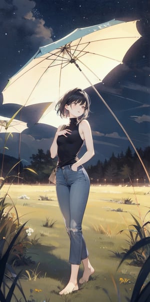 [1girl:4], [mature female:4], [pale skin:4], [short hair:4], [black hair:4], [small breast:4], [black shirt:4], [turtleneck:4], [sleeveless turtleneck:4], [bare shoulder:4], [blue jean:4], [long pants:4], [bare feet:4], night, [grass field:1], masterpiece, best quality, ultra detailed, highres 