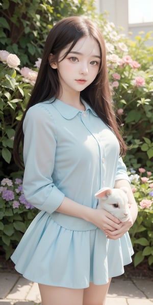 (8K UHD), 1girl, Alice in Wonderland Cosplayer, Cute Young Girl, Random Color eyes, 12 years old, Jailbeit girl, Beautiful face, She is holding a stuffed rabbit with floppy ears in her hand, look at viewer, Never ending flower (dynamic angle, dynamic pose)