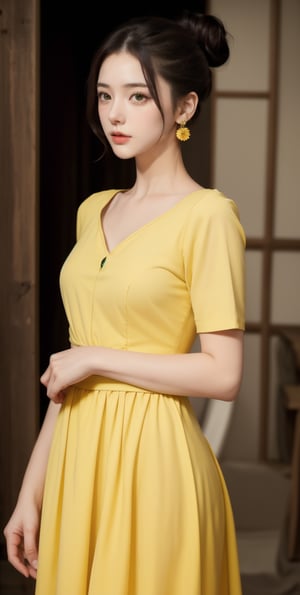 (Masterpiece:1.1), (Photorealistic:1.1), (8K resolution:1.1), (Ultra High Quality, Incredibly Detailed, Perfect anatomy, RAW), 1girl, hair bun, medieval mood, green earrings, yellow dress, 