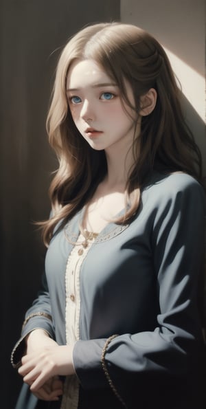 style of Baroque oil painting by Akihiko Yoshida, ((anime illustration)), best_quality, 1 girl, wavy long blonde hair, light blue eyes, sad face, , , maximalist influence intricate details, chiaroscuro shadows, heavy shadow, dramatic shadow