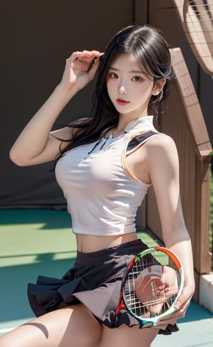 {{she is smashing the ball with tennis racket}}, [She is : ((25 years old beautiful female bodyguard with a healthy and strong body), (perfect body shape:1.3), (perfect cute face:1.3)), (mid-lenth black hair:1.3), (sexy horny cute face:1.2))]. (tennis smashing:1.5), (sexy:1.5), (dynamic:1.5), (sexy tennis skirt and shirt:1.5)