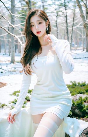 (winter Fairy:1.3), sexy poses, blur background, (white fantasy dress:1.3), transparent dress, (in the winter forest:1.3), (sit down tree:1.3), (white pantyhose:1.3), focus, masterpiece, best quality, intricate detailed, Hyperrealistic, absurd res, milf, mature woman, perspective, highly detailed, illustration, 1girl, make up, ((medium breasts)), perfect hands, detailed fingers, beautiful detailed eyes, (white long hair:1.3), flowing feathers around, detailed background, blue eyes, seductive eyes, looking at the viewer, (from below:1.3,perfect light,Yewon